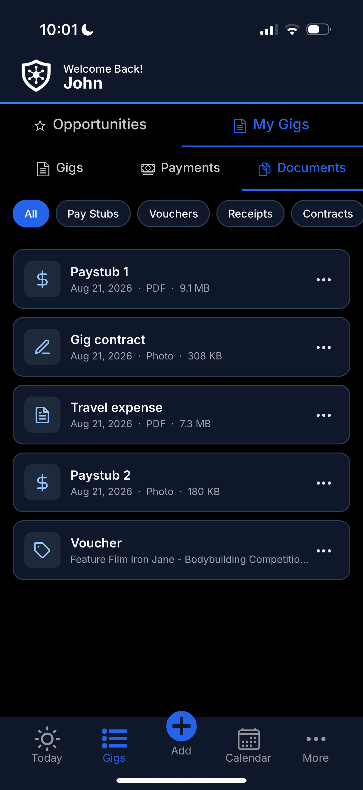 The GigDock documents view with pay stubs, vouchers, receipts and contracts kept with your gigs