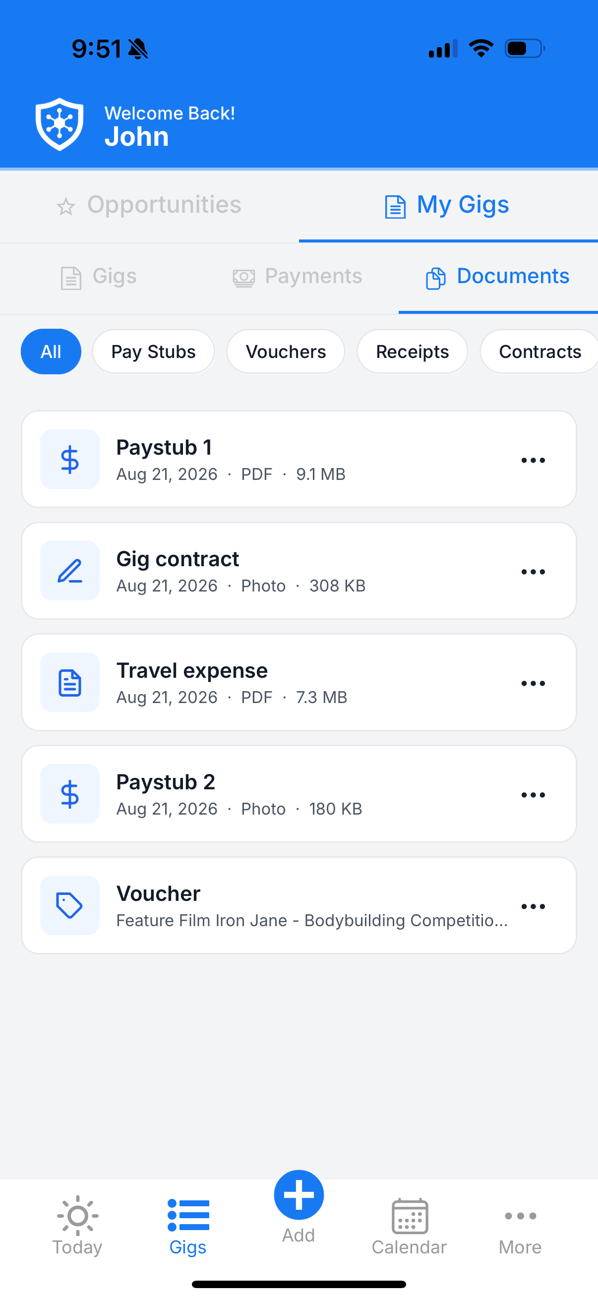 The GigDock documents view with pay stubs, vouchers, receipts and contracts kept with your gigs