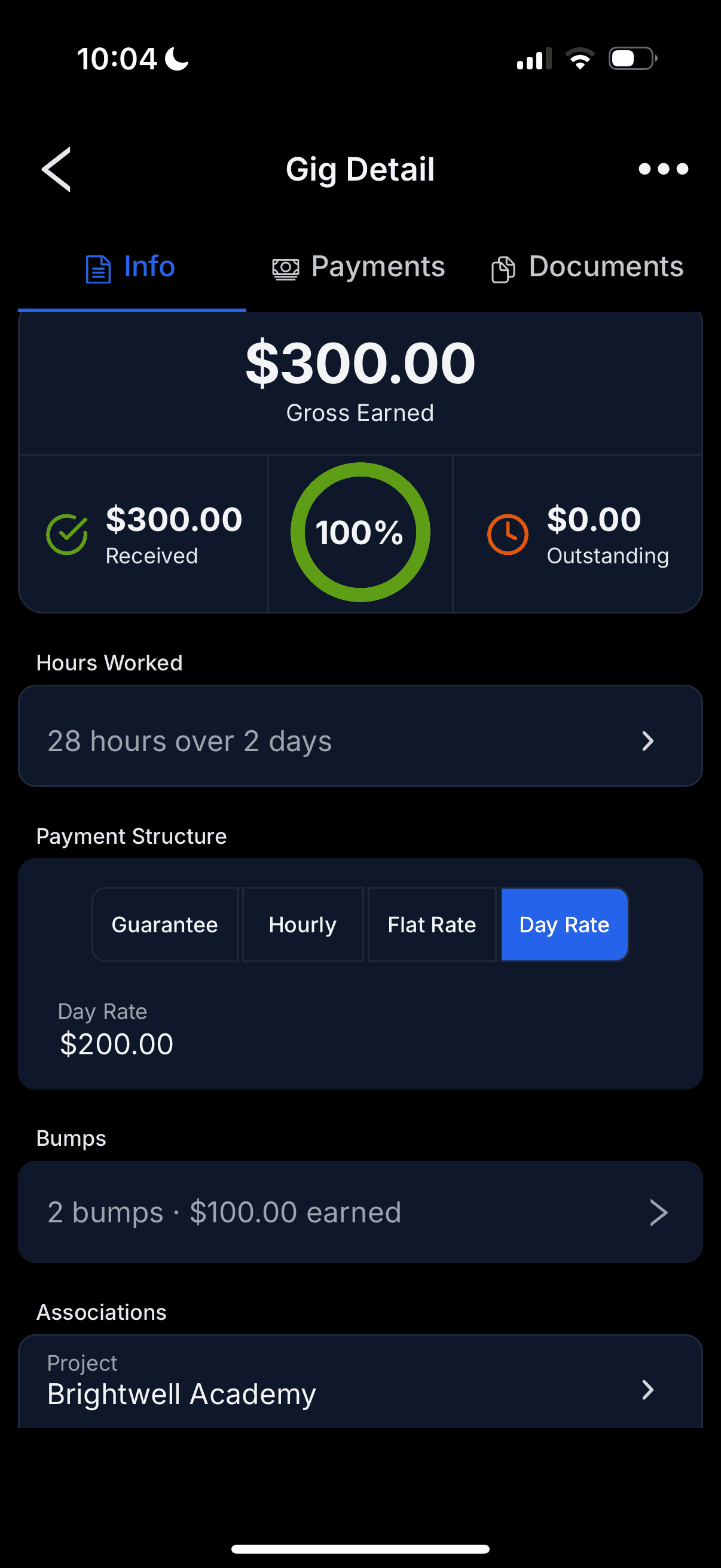 A gig's detail in GigDock — earnings, hours, day rate and bumps