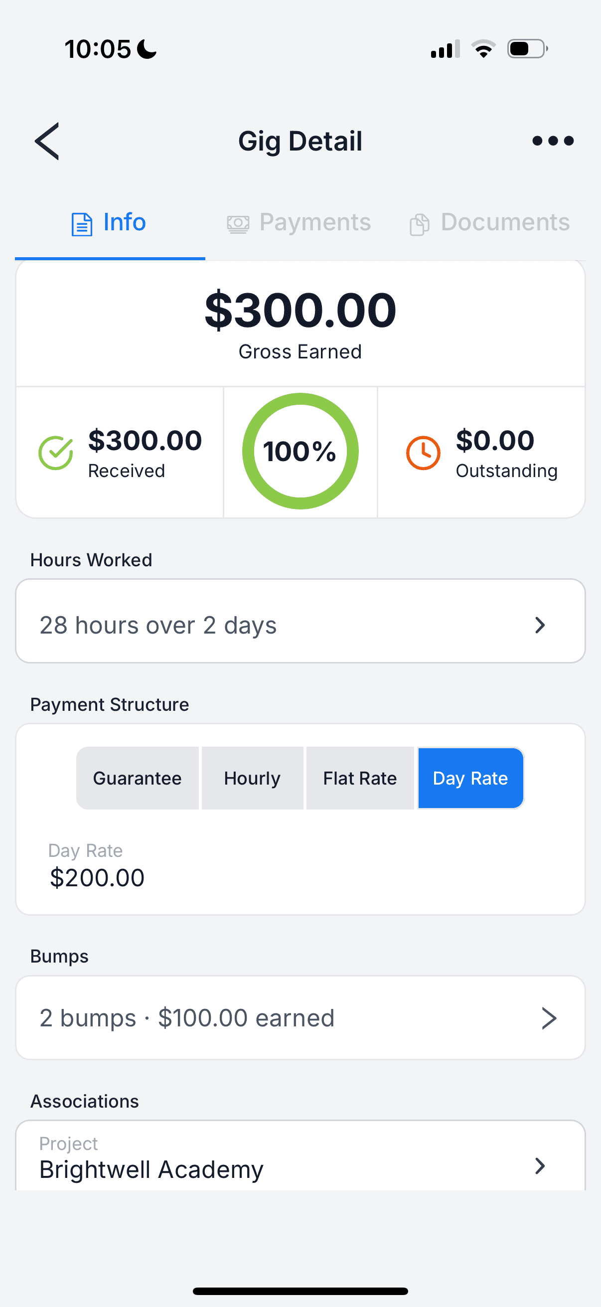 A gig's detail in GigDock — earnings, hours, day rate and bumps