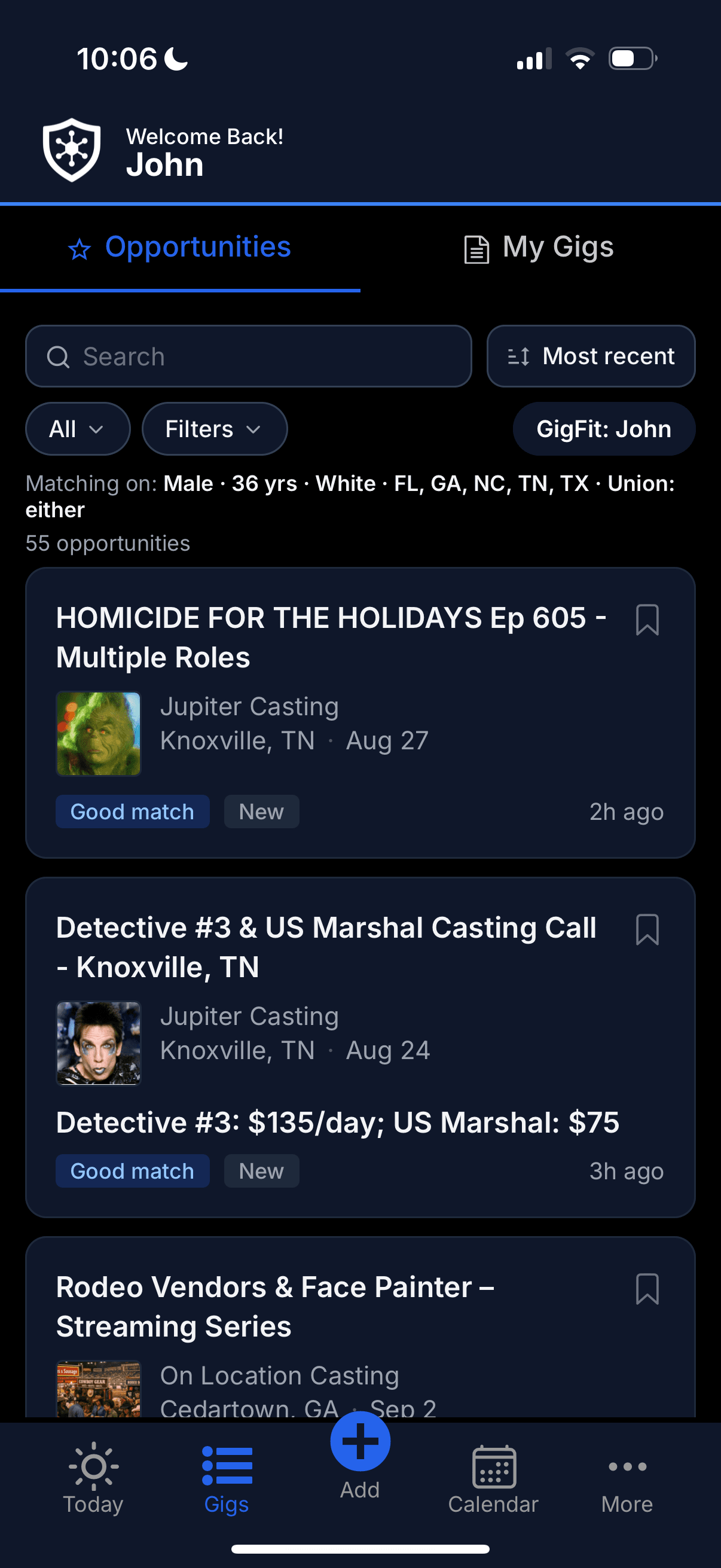 The GigDock opportunities feed with GigFit matching