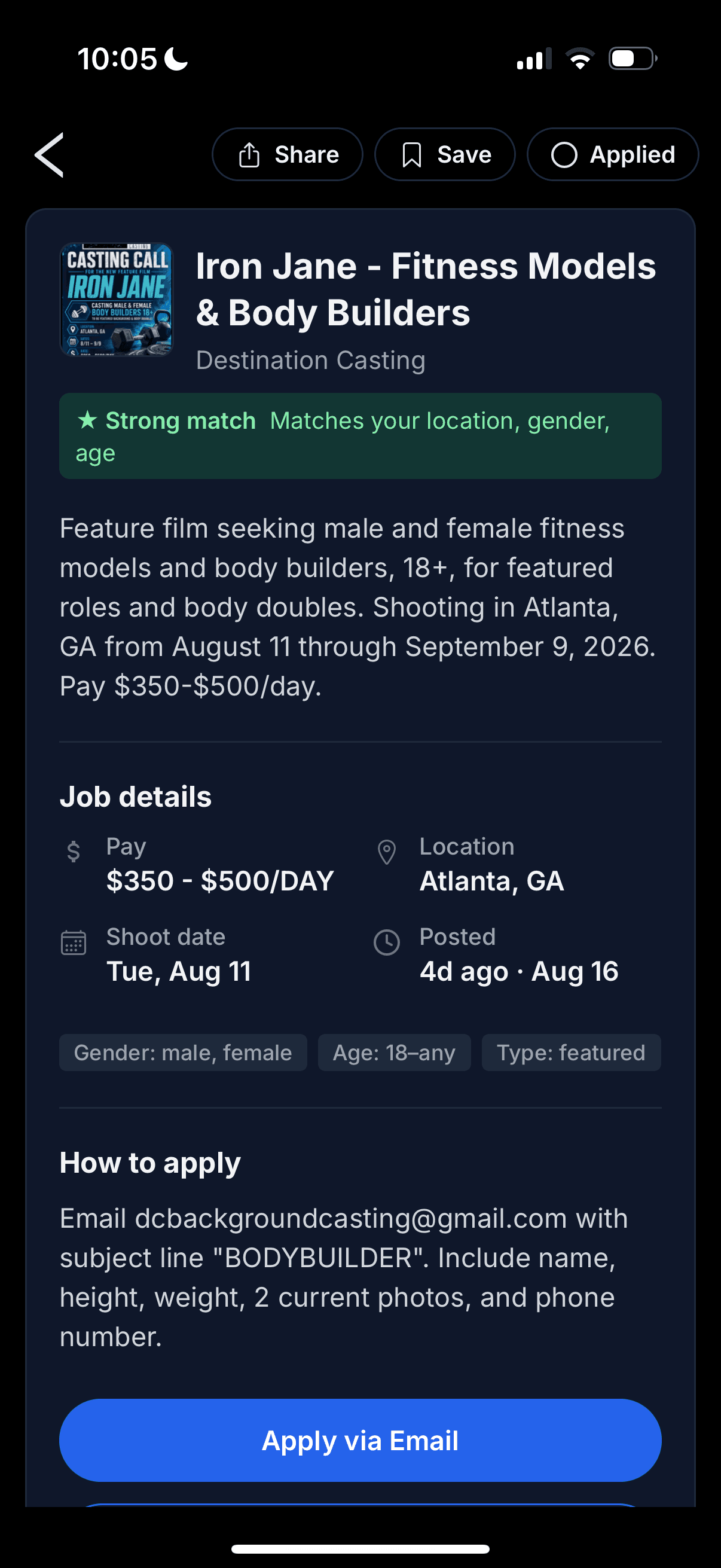 A GigDock opportunity detail with a GigFit strong-match badge and Save, Share and Applied actions