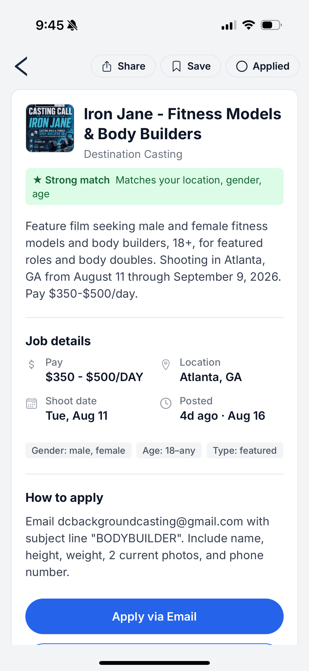 A GigDock opportunity detail with a GigFit strong-match badge and Save, Share and Applied actions