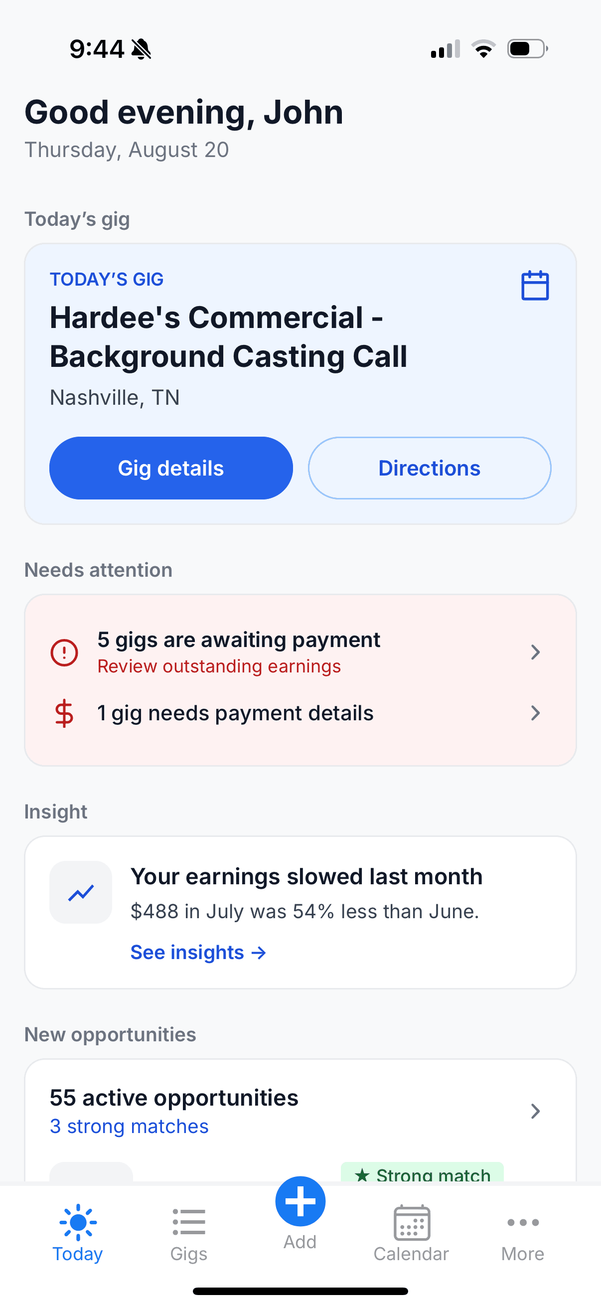 The GigDock Today screen showing today's gig, gigs awaiting payment, an earnings insight and new opportunities