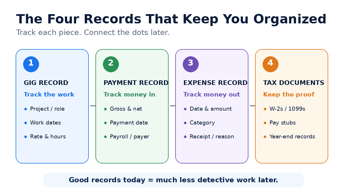 The four records that keep you organized: 1) Gig record — project/role, work dates, rate & hours; 2) Payment record — gross & net, payment date, payroll/payer; 3) Expense record — date & amount, category, receipt/reason; 4) Tax documents — W-2s/1099s, pay stubs, year-end records. Good records today mean much less detective work later.