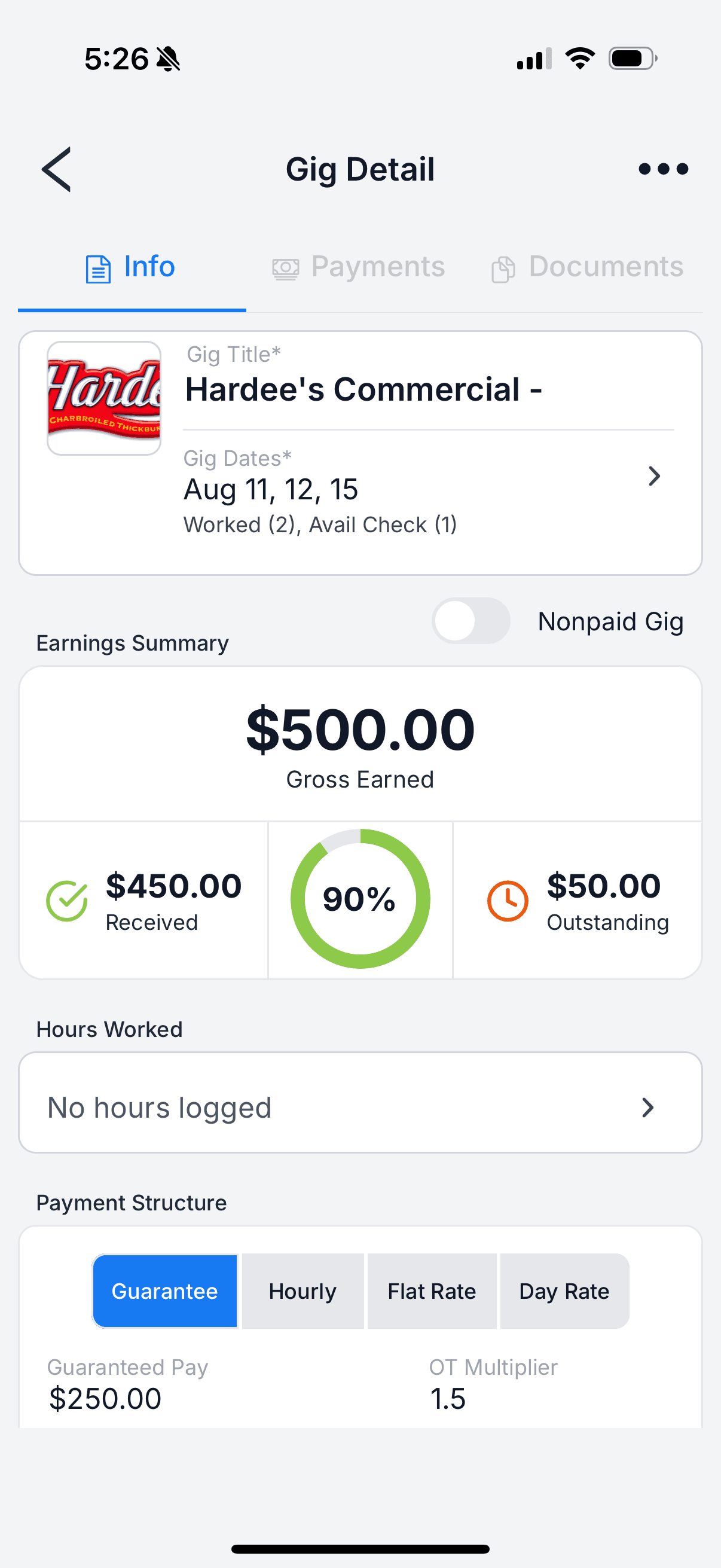 The GigDock app's Gig Detail screen showing gross earned, received and outstanding pay, plus the payment structure with a guarantee and a 1.5x overtime multiplier.